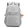 Waterproof grey lightweight school backpack with multiple pockets and cute bear charm - Gray