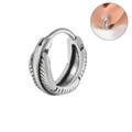Silver stainless steel feather texture hoop earring with vintage punk engraved detail - NO 15 - Feather Texture