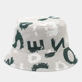 Detail of the graffiti print bucket hat with street art letters and reinforced stitching - Light Gray Base with Dark Green & White Graffiti (Color 18)