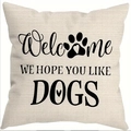 Linen pillow cover with Welcome We Hope You Like Dogs print and paw heart detail - Style A (Welcome Paw)