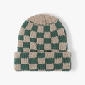 Women's knitted beanie featuring green and beige checkerboard pattern with a wide cuff - Khaki & Green Checkerboard (23B031)