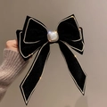 French vintage black velvet bow headband with sparkling rhinestones and a central pearl - Style 78-Black Velvet Long Ribbon Pearl Bow