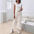 Damen Strickset in Weiß mit Kurzarm-Oberteil und gerippter Hose mit weitem Beinverlauf - S / Elfenbein
