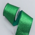 Glittering green Christmas ribbon roll with gold powder finish on a white spool - 6.3cm / Christmas Green
