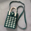 Knitted crossbody phone bag with green and beige houndstooth pattern and top handles - Two-Tone Houndstooth Dark Green