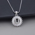 Silver alphabet letter U pendant necklace with sparkling cubic zirconia baguette frame - Letter U / Silver