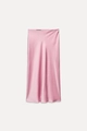 Elegant midi-length satin skirt in dusty rose pink with a smooth glossy texture - XS / Pink