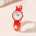 Kinder-Quarzuhr mit rotem Silikonarmband und 3D-geprägtem Einhornmuster und Zahlen - Rot