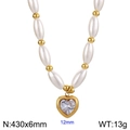 Elegant pearl necklace featuring golden beads and a clear heart-shaped crystal pendant - Gold with Clear Stone (KN283222-SP)