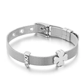 Silver mesh bracelet with clover charm and LOVE pendant on a white background - Clover & LOVE Charm (KB112798-K)