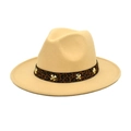Close-up of khaki wool fedora featuring leopard print band and gold star rivets - M (56-58cm) / Beige