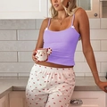 Women's purple camisole and white cherry print pajama pants set in a home setting - S / Purple