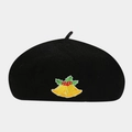 Detailed close-up of Christmas bell embroidery on a black wool beret hat - M / Christmas Bell Pattern Black