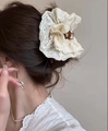 Elegant beige lace embroidery hair claw clip with amber resin for hair styling - Shark Clips / Beige