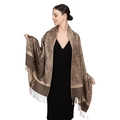 Detail of luxury paisley jacquard shawl in beige and brown with fringe edges - Brown and Beige (T003-42)