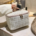 White tweed large capacity shell makeup bag with gold zippers and sturdy top handle - Tweed Style Makeup Bag White