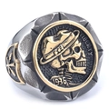 Vintage punk skull ring featuring gold Liberty 1936 hobo nickel coin on silver steel band - US Size 8 / Hobo Nickel Skull Style (16104) / Gold & Silver