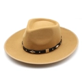 Detailed view of camel wool fedora with black leather band and silver rivet accents - M (56-58cm) / Camel