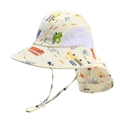 Detailed view of kids sun hat with neck flap, breathable mesh, and cartoon truck prints - Adjustable Size / Side Mesh Style / Beige Car (Side Mesh)