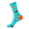 Mid-calf turquoise crew socks featuring orange heel and cartoon waffle patterns - 913 Waffle
