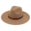 Detailed close-up of a wide brim wool fedora hat with ethnic woven band and gold feather charm - Adult (57-60cm) / Apricot Heart (Gold Feather)