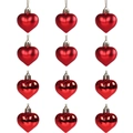 Set of 12 red heart Christmas ornaments with matte and glossy finishes on white background - Red