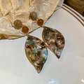 Detail of vintage leaf drop earrings with marbled resin texture and beaded gold accents - Silver Earring Post - Coffee