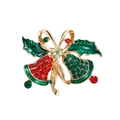 Christmas bell brooch with green holly leaves and red rhinestone berries in gold finish - YNCP3757 Bell with Holly