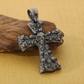 Vintage oxidized silver cross pendant with detailed skull relief on rustic wood base - Pendant Only / Gun Black (KP120087-KJX)