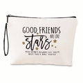 Detail of canvas makeup bag with quote and gold star print showing black zipper - Good Friends Are Like Stars Print