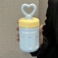 Mini light blue straw thermos with heart handle and Sunlight text on matte surface - 500ml / Blue - Silk Screen Print