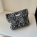 Detailed embroidery on a black cotton linen cosmetic bag featuring simple wish text - Black Geometric Animal Embroidery Style / Black