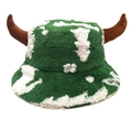 Detail of plush green cow print bucket hat with 3D brown horns for winter warmth - Green and White Cow Pattern (4#)