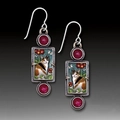 Vintage cat pattern rectangle earrings with red gems and floral painted illustration - Cat Pattern