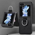 Black litchi leather case for Samsung Z Flip with metal ring holder and foldable stand - Black