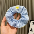 Blue and white checkered fabric scrunchie with yellow heart label accessory - Small Grid / Blue
