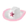 White cowboy hat with pink feather trim and pink sequin star, festival party style accessory - White Pink Star with Feather Trim