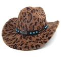 Cappello da cowboy leopardato da donna con fascia in pelle e turchese su sfondo bianco - M (56-58cm) / Corona Diritta Marrone Scuro