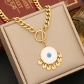 Golden stainless steel Cuban chain necklace with white enamel evil eye pendant and tassels - 1# Necklace