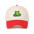 Close-up of red and white trucker hat with embroidered frog on a lily pad detail - Off-white + Red