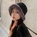 Winter plush bucket hat in black with fluffy grey faux fur trim for warmth - M (56-58cm) / Mongolian Hat Black