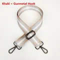Detail of adjustable khaki nylon bag strap with grey stripes and gunmetal metal hooks - Khaki + Gunmetal Hook