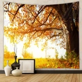Detail view of high-quality autumn forest tapestry with golden trees in cozy interior - Brushed Fabric / 73X95CM / GT330089 (古树秋晖)
