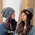 Gray chunky knit waffle beanie with leather label, versatile folded and slouchy styles - One Size / Multi-way Wear Style / Gray