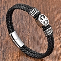 Pulsera de cuero trenzado negro para hombre con cruz plateada y cierre magnético - Estilo de Cruz / 21cm