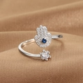 Hamsa Hand Evil Eye open ring in silver with blue and white cubic zirconia stones - Pavé Hamsa Hand (Q-J070) / White Gold