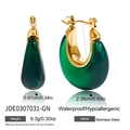 Vintage style gold stainless steel C-shape earrings with translucent green resin drops - Dark Green (JDE0307031-GN)