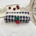 Detail of blue plaid pencil case with a handmade crochet cherry and white zipper - Makeup Box / Blue