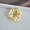 Handmade woven pearl hair tie featuring cream fabric roses and green leaf accents - 1# Yellow Rose Faux Pearl Hair Tie
