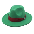 Detail of emerald green wool fedora hat with burgundy ribbon and silver rhinestone buckle - Grass Green